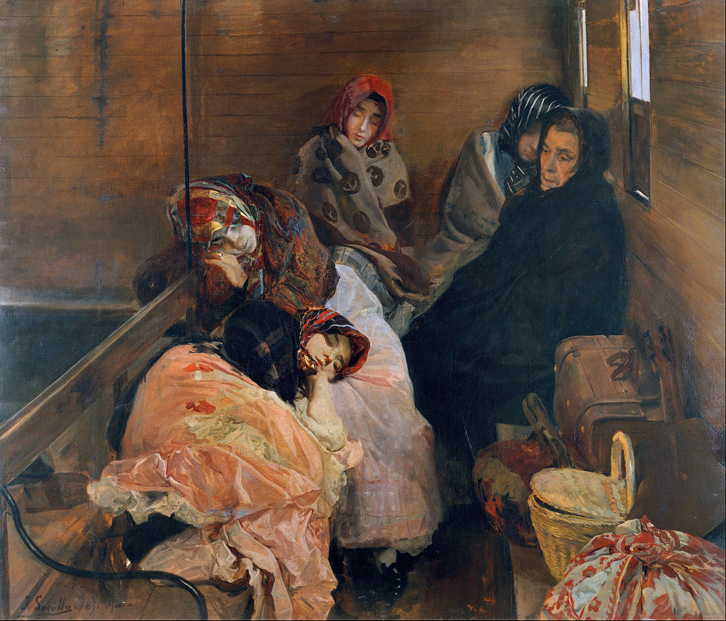 Trata de blancas (1894), Museo Sorolla, Madrid. El autor ha de adaptarse al realismo social, dominante en los certámenes de la época. Para ello, mantiene su temática costumbrista, siendo los títulos los que aportarán la denuncia social.